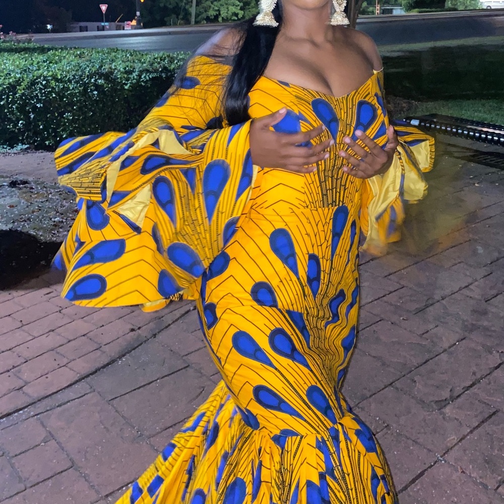 Off the shoulder Statement Sleeve African Print Gown